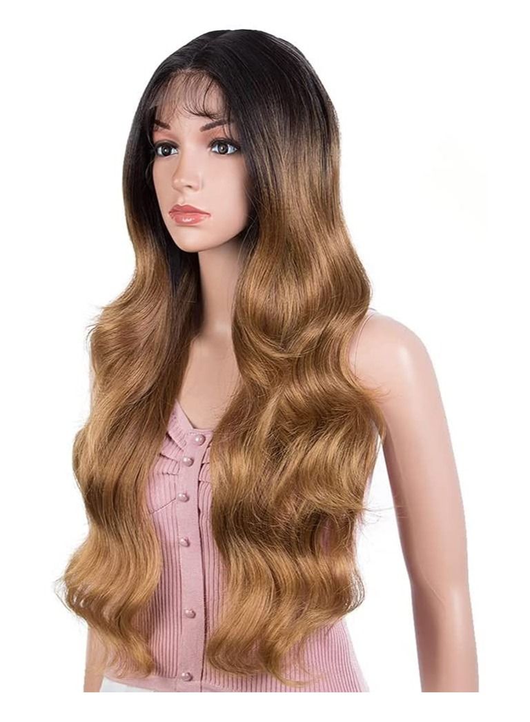 إستيل دانتيل أمامي طويل مموج مع شعر مستعار مقلد لفروة الرأس مقاس 13 × 2.5 بوصة 24 بوصة شعر مستعار صناعي مموج خالٍ من الجزء المقاوم للحرارة مع شعر الطفل للنساء 130٪ كثافة (مموج الجسم ، لون عسلي متدرج) - Image 2