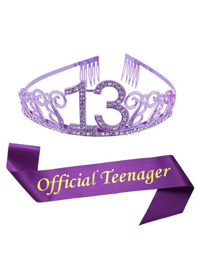 Mayin 13Th Birthday Purple Tiara And Sash Glitter Satin Sash And Crystal Rhinestone Tiara Crown For Happy 13Th Birthday Party Supplies Favors Decorations 13Th Birthday Party Accessories - Image 1
