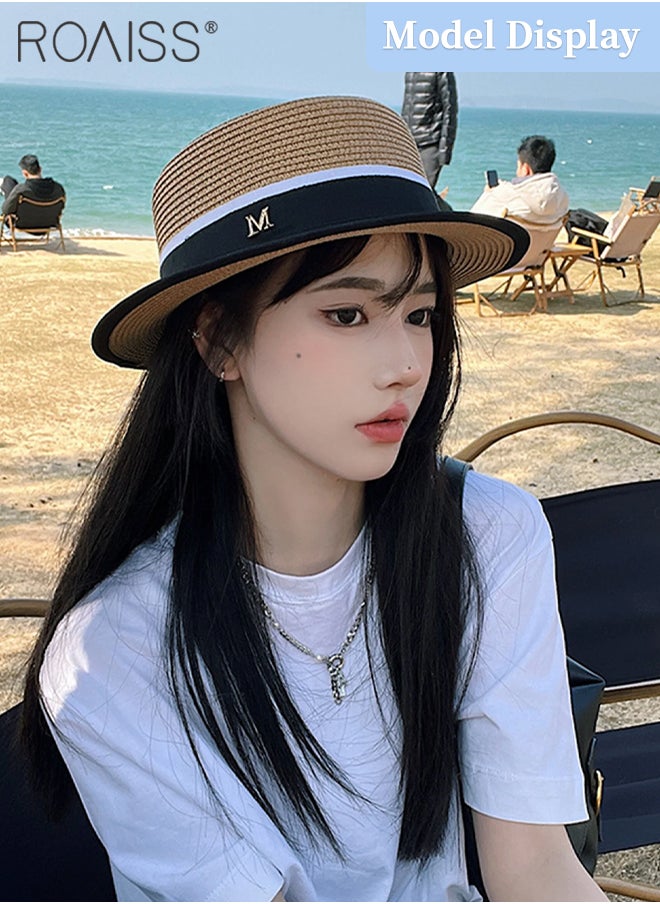 roaiss Classic Flat Top Straw Hat for Women Summer Beach Hat Vacation Sunshade Sunscreen Woven Cap Letter Decor Sun Hat Fashion Accessory  - Image 2