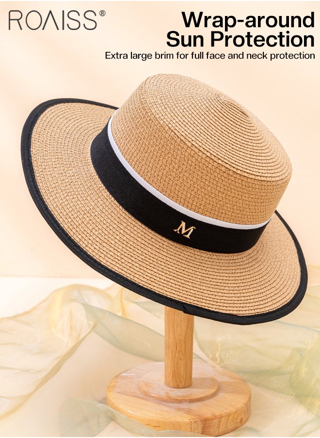 roaiss Classic Flat Top Straw Hat for Women Summer Beach Hat Vacation Sunshade Sunscreen Woven Cap Letter Decor Sun Hat Fashion Accessory  - Image 4