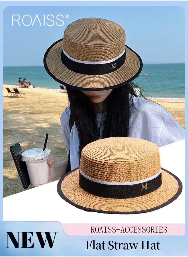 roaiss Classic Flat Top Straw Hat for Women Summer Beach Hat Vacation Sunshade Sunscreen Woven Cap Letter Decor Sun Hat Fashion Accessory  - Image 1
