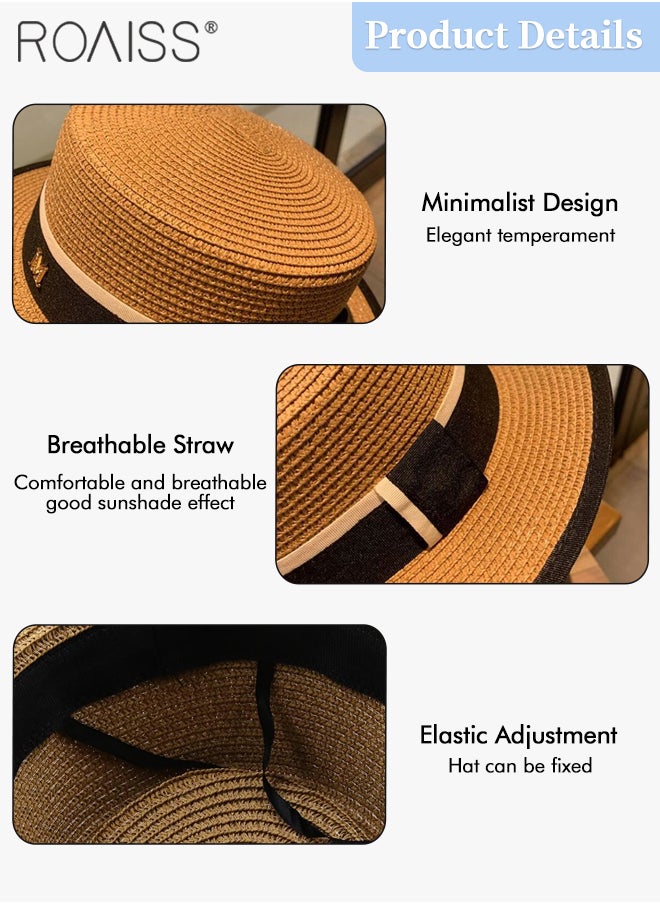 roaiss Classic Flat Top Straw Hat for Women Summer Beach Hat Vacation Sunshade Sunscreen Woven Cap Letter Decor Sun Hat Fashion Accessory  - Image 5