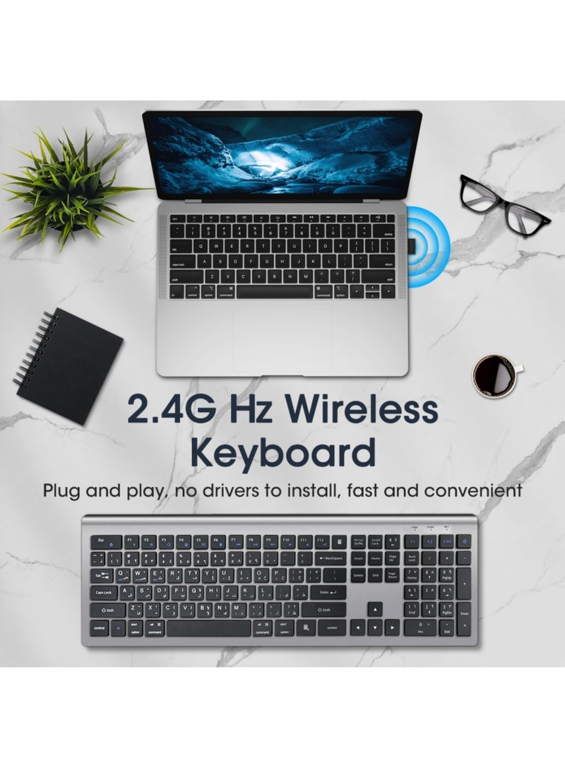 اووكاي لوحة مفاتيح وماوس لاسلكيان عربي وإنجليزي: قابلة لإعادة الشحن بتقنية بلوتوث 2.4 جيجاهرتز - ماوس ولوحة مفاتيح صامتة كاملة الحجم مع لوحة أرقام لأجهزة iOS/Windows/Android - لأجهزة MacBook/Air/iPad/iPhone، وأجهزة الكمبيوتر، واللاب توب - Image 4
