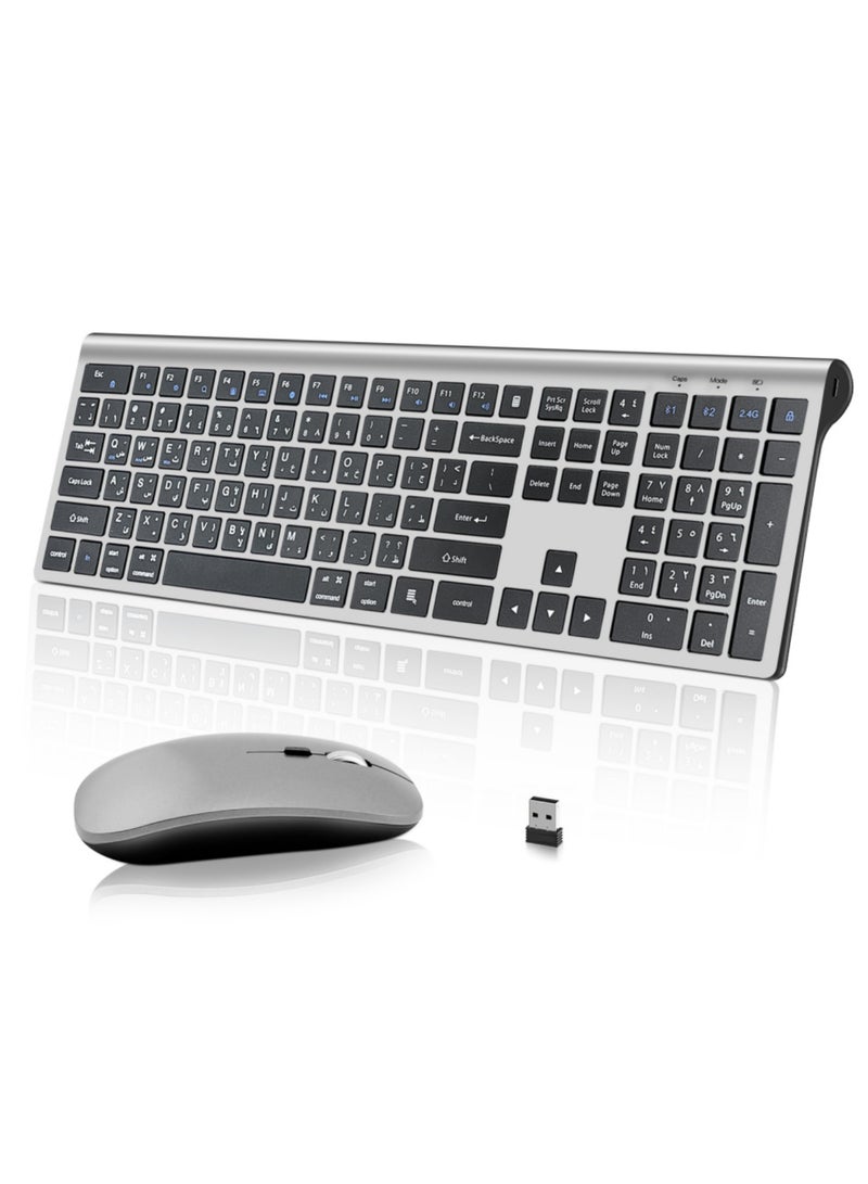 اووكاي لوحة مفاتيح وماوس لاسلكيان عربي وإنجليزي: قابلة لإعادة الشحن بتقنية بلوتوث 2.4 جيجاهرتز - ماوس ولوحة مفاتيح صامتة كاملة الحجم مع لوحة أرقام لأجهزة iOS/Windows/Android - لأجهزة MacBook/Air/iPad/iPhone، وأجهزة الكمبيوتر، واللاب توب - Image 2