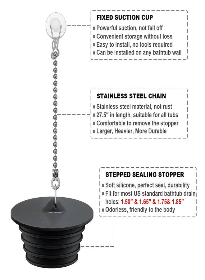 Seatery Bathtub Stopper, Silicone Tub Drain Stopper/Plug/Cover with 27.5" Stainless Steel Beaded Chain, Shower Bath Drain Water Stopper - Image 3