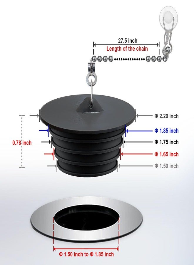 Seatery Bathtub Stopper, Silicone Tub Drain Stopper/Plug/Cover with 27.5" Stainless Steel Beaded Chain, Shower Bath Drain Water Stopper - Image 2
