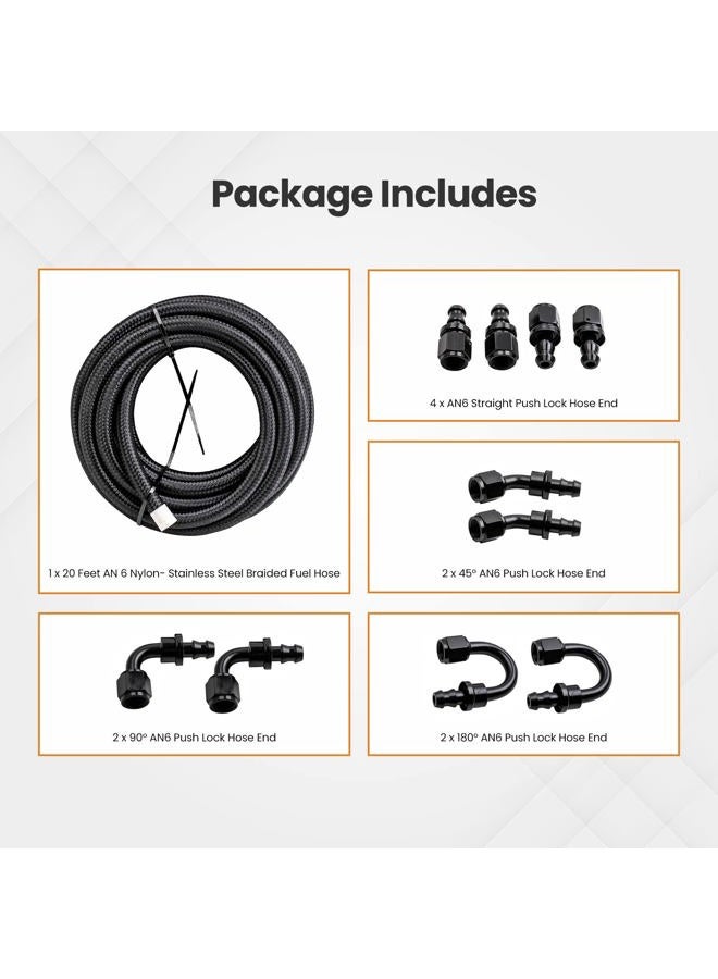 maXpeedingrods 6AN 20FT Fuel Line Kit, 3/8" Gas Oil Line Hose, AN6 Transmission Cooler Lines, CPE Nylon Stainless Steel Braided+ -6AN Push Lock Fitting Hose End 10PCS - Image 5