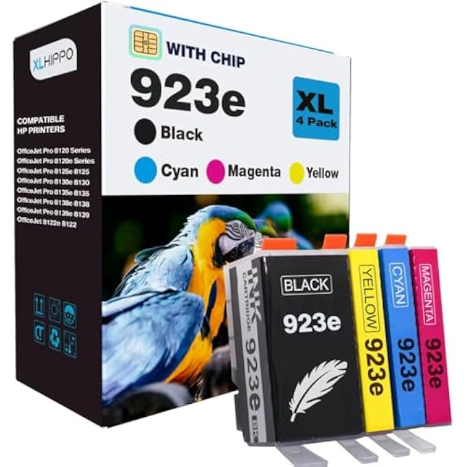 Hippo 923XL 923E INK CARTRIDGES FOR HP PRINTERS 8120E 8130E SERIES REPLACEMENT FOR HP 923E 923 923XL INK CARTRIDGES, COMPATIBLE FOR OFFICEJET PRO 8125E 8135E 8138E 8139E 8135 8139 8130 E |4 PACK - Image 1