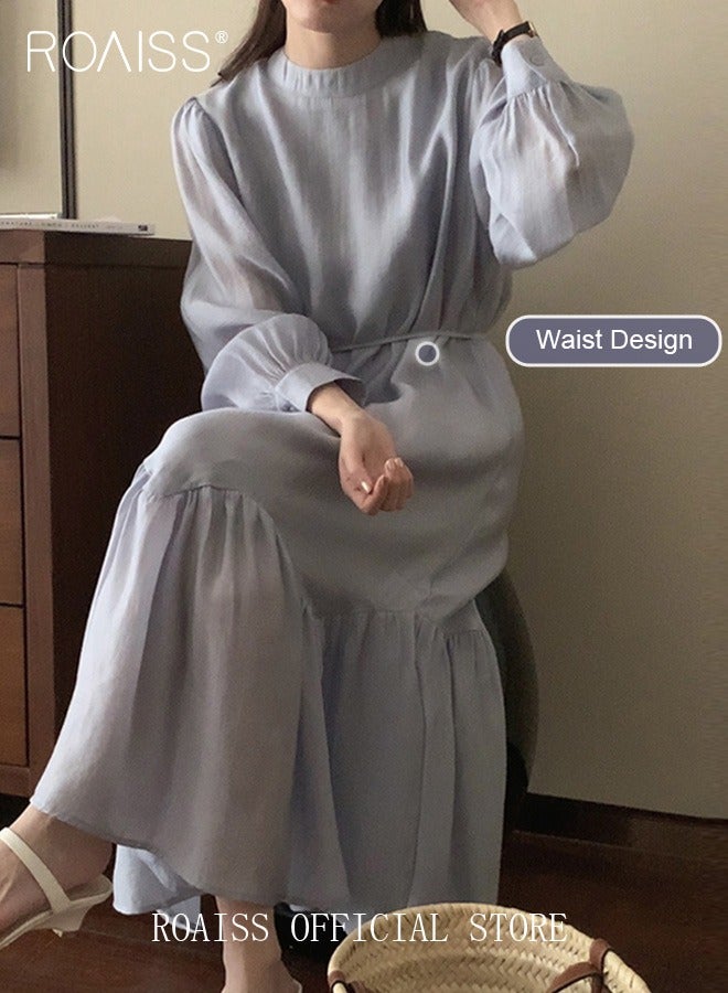 roaiss Women's Casual Dress Round Puff Sleeves Ruffled Hem with Ties On Both Sides Slim Fit Gentle and Minimalist - Image 2