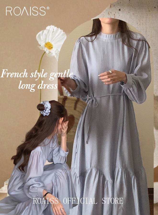 roaiss Women's Casual Dress Round Puff Sleeves Ruffled Hem with Ties On Both Sides Slim Fit Gentle and Minimalist - Image 4