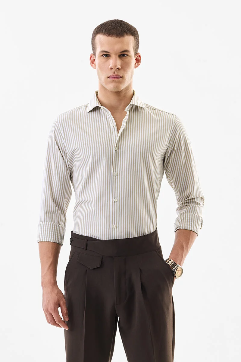 SNITCH Beige Striped Long Sleeve Slim Fit Formal Luxe Shirt