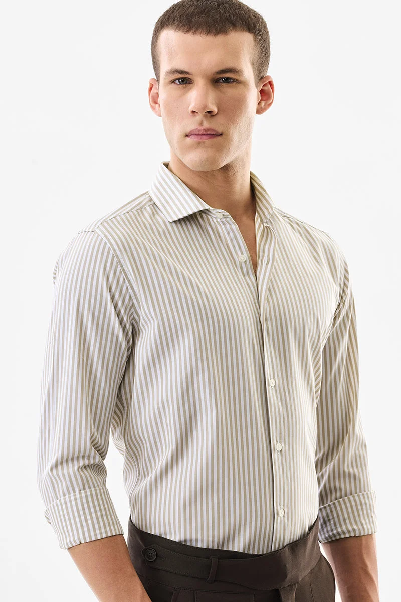 SNITCH Beige Striped Long Sleeve Slim Fit Formal Luxe Shirt