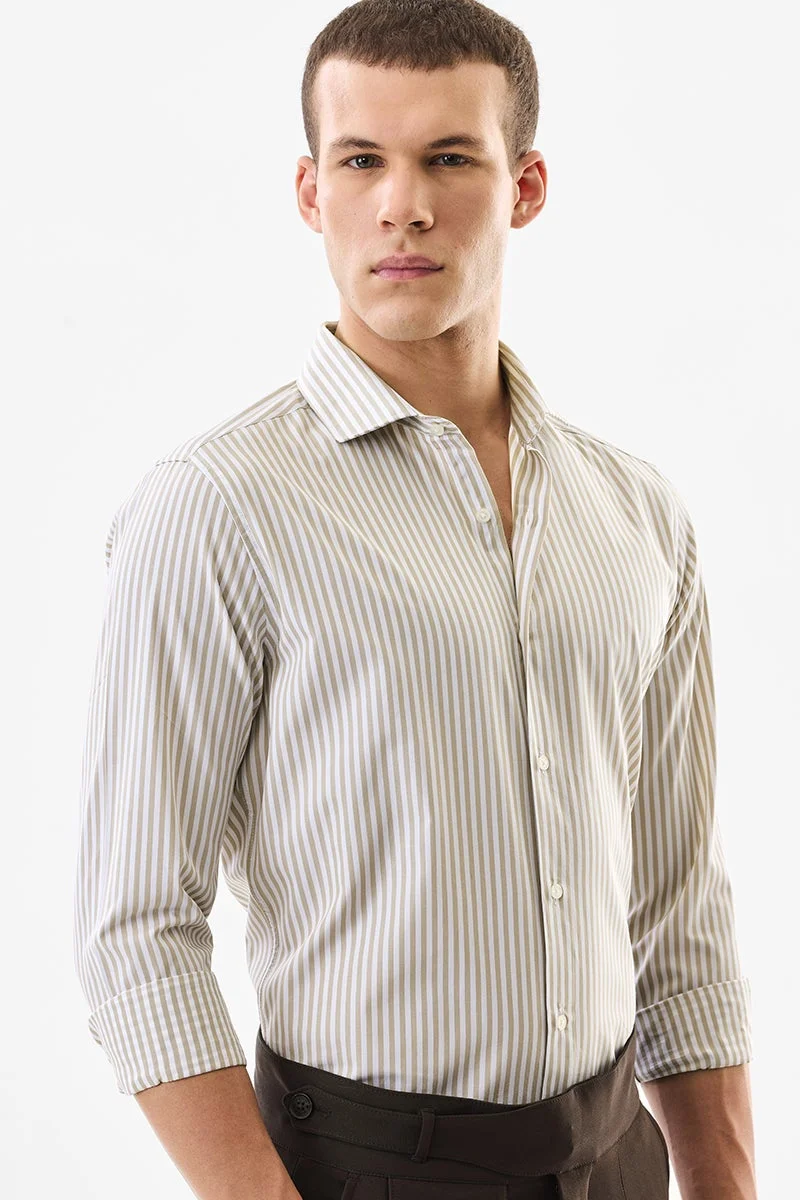 سنيتش Beige Striped Long Sleeve Slim Fit Formal Luxe Shirt