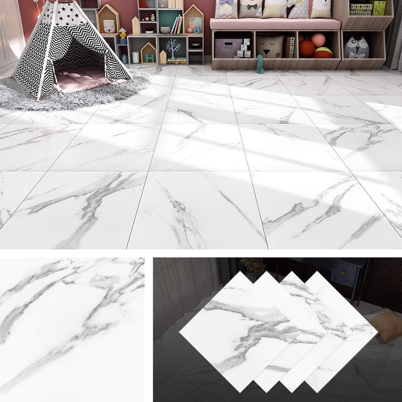 Livelynine White Peel and Stick Floor Tile Marble 12X12 Inch Waterproof Vinyl Floor Tile Stickers Peel and Stick Vinyl Flooring Sheet Kitchen Flooring Bedroom Bathroom Laminate Flooring Tiles4 Pack