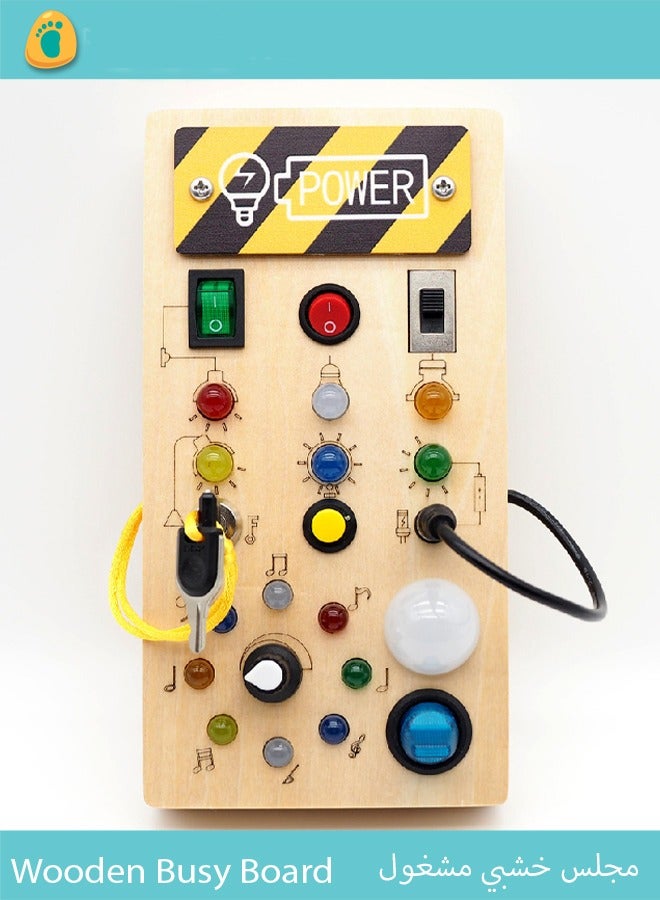bbet Baby Busy Board Montessori Wooden Busy Board for Toddlers with 8 LED Light Switches Sensory Toys with Lights Baby Travel Toys Gift for 1 + Year Old Baby Toddler Educational Learning Activities  - Image 1