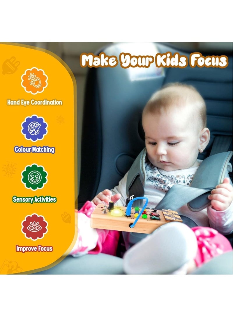 bbet Baby Busy Board Montessori Wooden Busy Board for Toddlers with 8 LED Light Switches Sensory Toys with Lights Baby Travel Toys Gift for 1 + Year Old Baby Toddler Educational Learning Activities  - Image 4
