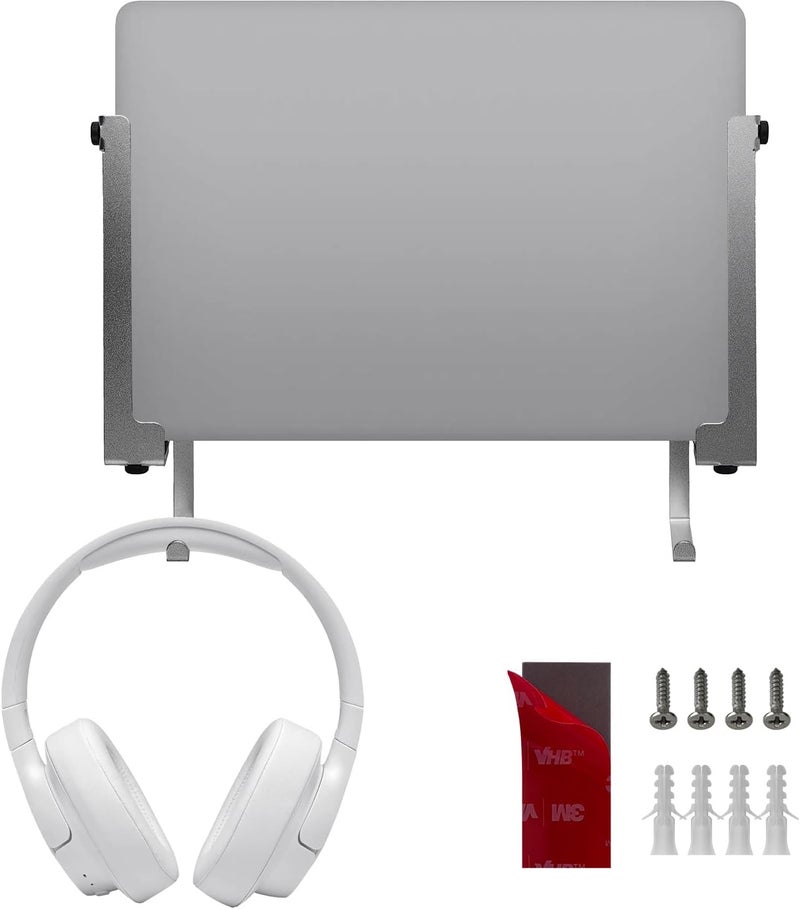JEMACHE Hard Aluminium Wall Laptop Mount Holder for MacBook Air, Pro, Surface, iPad, Tablets with Headphone Hook (Silver) - Image 1