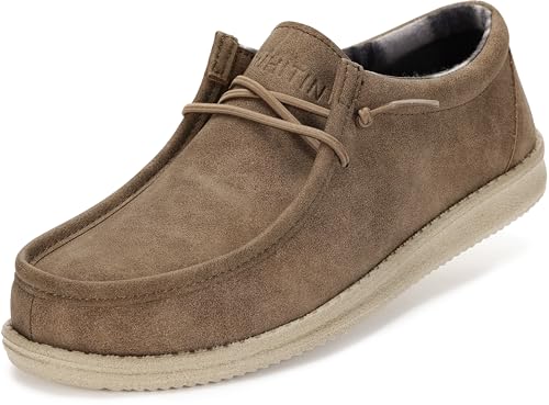 WHITIN Men's Slip on Loafers Casual Leather Boat Shoes Deck Sneakers Size 9 Winter Warm Flat Light Brown 42 - Image 1