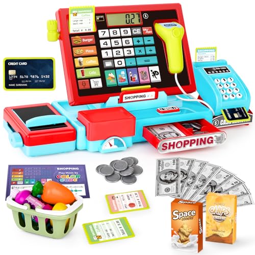 maysida 52PCS Toy Cash Register for Kids with Sound MusicScannerMicrophoneCredit CardPlay Money Pretend Learning Toy Kids Cash Register Christmas Birthday Gift for Toddlers Girl Boy Age 3 4 5 6 - Image 1