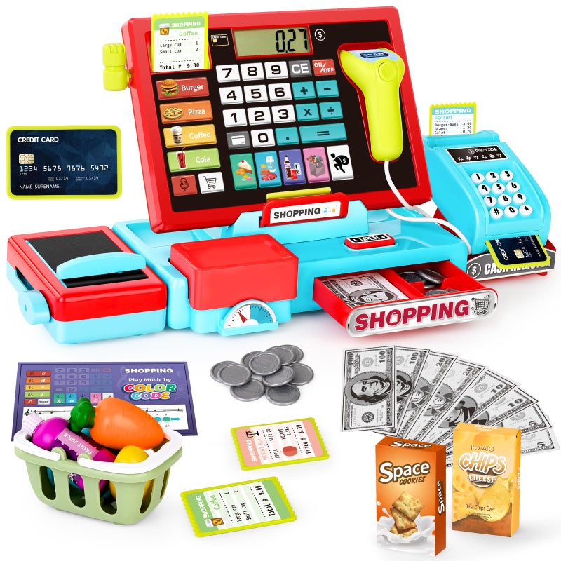maysida 52PCS Toy Cash Register for Kids with Sound MusicScannerMicrophoneCredit CardPlay Money Pretend Learning Toy Kids Cash Register Christmas Birthday Gift for Toddlers Girl Boy Age 3 4 5 6 - Image 4
