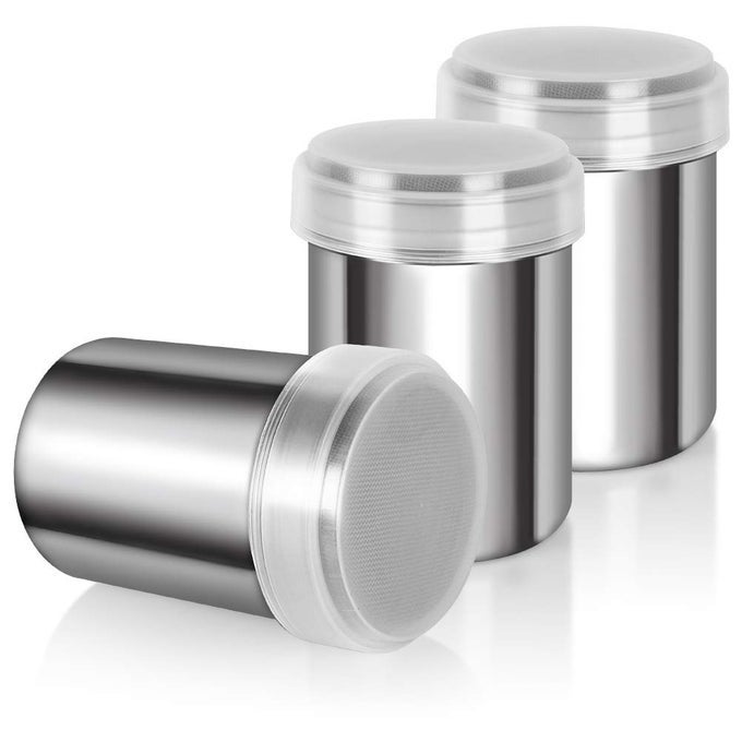 3 PACK POWDERED SUGAR SHAKER DUSTER WITH LID CINNAMON SHAKER FLOUR SIFTER FINE MESH STAINLESS STEEL DREDGE FOR BAKING SODA FLOUR CINNAMON COCOA