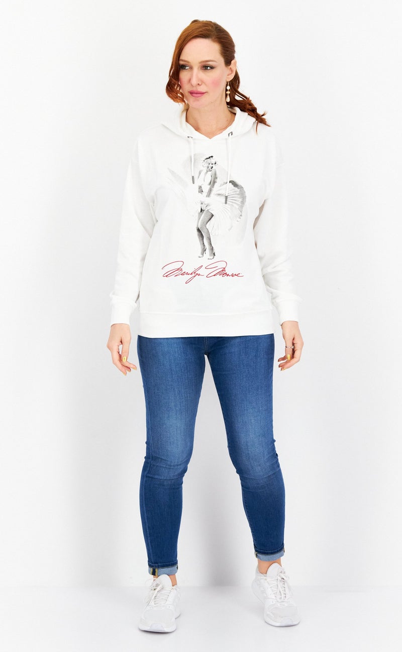 Marilyn Monroe سويت شيرتات نسائية بأكمام طويلة مع غطاء رأس مطبوعة، مجموعة بيضاء - Image 4