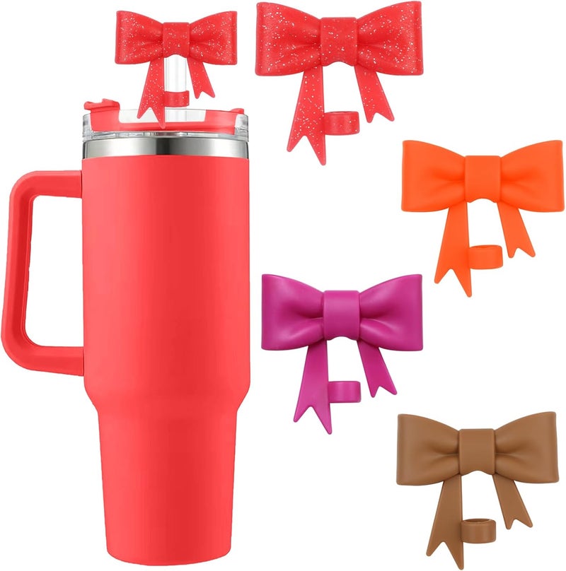 Hpebl 4Pcs Silicone Straw Toppers Covers for Stanley Cups 40/30oz 10mm(0.4in) Brown Dust-Proof Bow Straw Covers Toppers Red Suitbale for Stanley Cup Accessories Reusable Straws Caps - Image 1