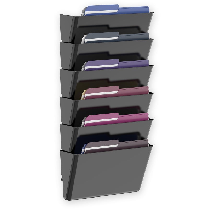 MINDEPOT 6 Pockets Acrylic Wall File Organizer, Clear Wall File Holder, Plastic Hanging Wall File Holder for Office, School and Home, Black - Image 1