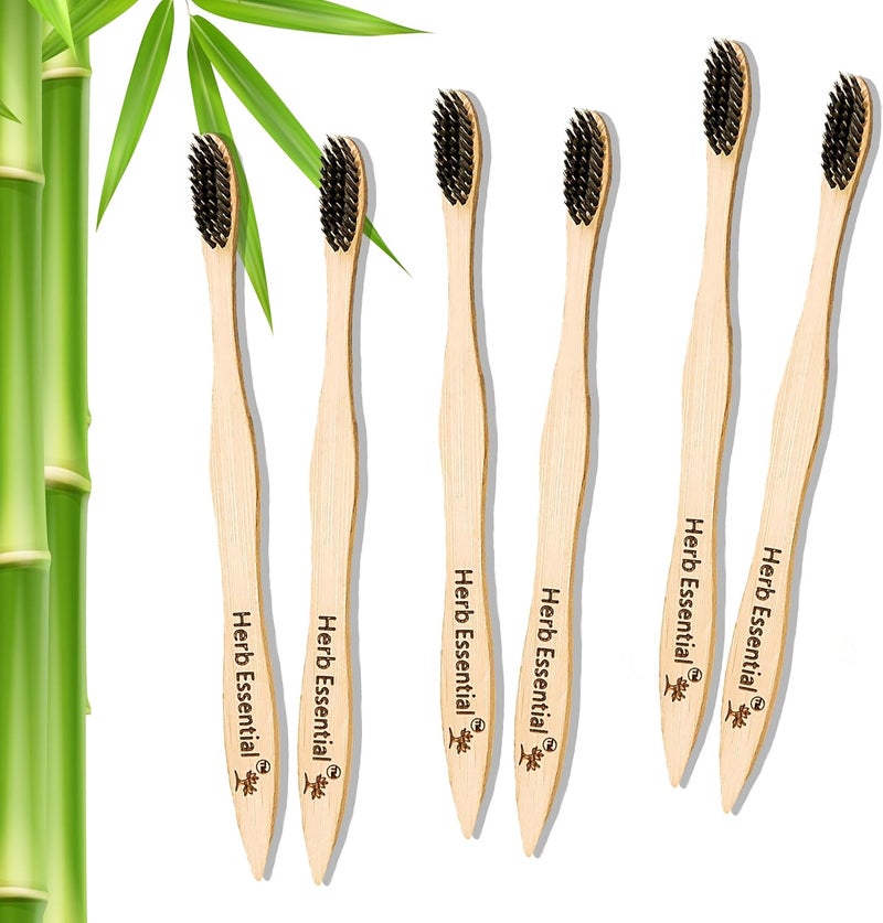 Herb Essential Click to open expanded view Bamboo Toothbrush, Pack of 6 | with Ultra-Soft Charcoal activated Bristles | Natural, Biodegradable and Ecofriendly Toothbrush - Image 1