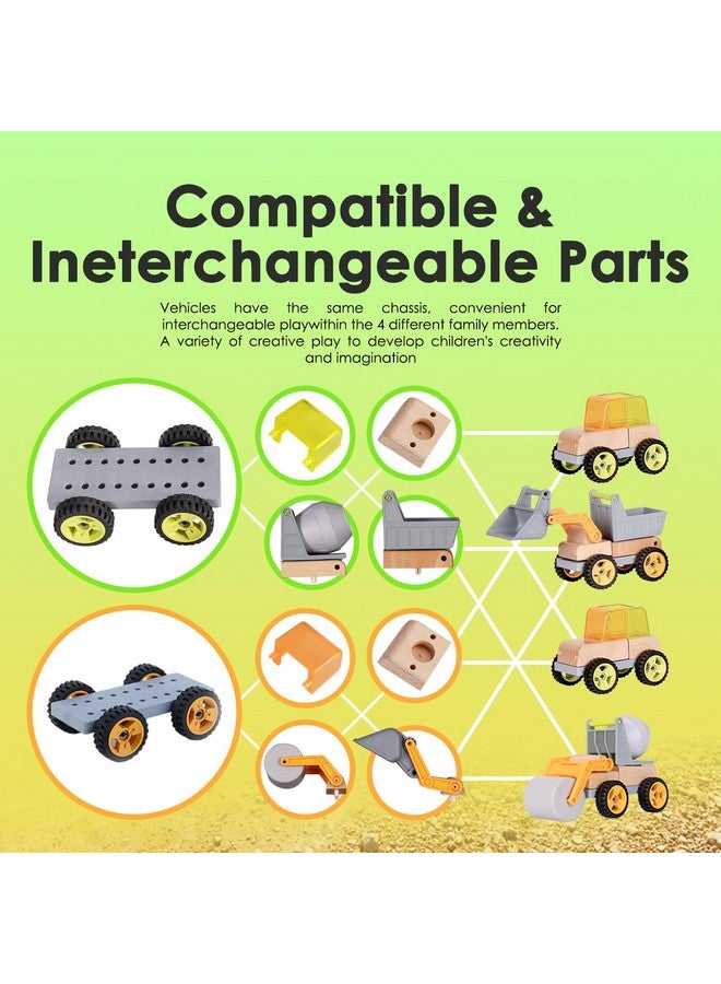 Udeas Wooden Construction Toy Trucks for Toddlers, 4PCS Mini Vehicle Toys Shovel, Tip Lorry, Road Roller, Mixer, Toy Car Gifts for 3 4 5 6 Year Old Boys Girls - Image 2