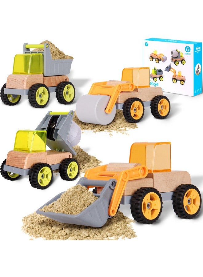 Udeas Wooden Construction Toy Trucks for Toddlers, 4PCS Mini Vehicle Toys Shovel, Tip Lorry, Road Roller, Mixer, Toy Car Gifts for 3 4 5 6 Year Old Boys Girls - Image 1