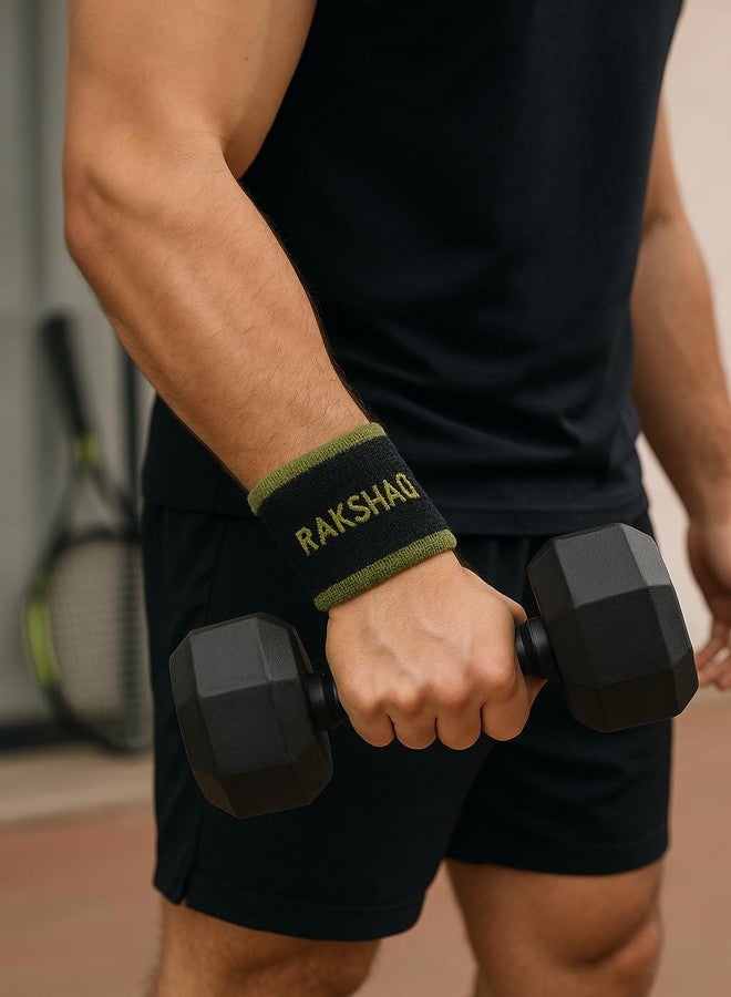 PLUSOX RAKSHAQ Athletic Wristbands, Pack of 3, Cotton Blend, Knitted Logo Design, Black-Olive Green/Black-Beige - Image 5