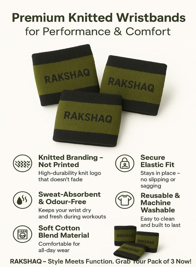 PLUSOX RAKSHAQ Athletic Wristbands, Pack of 3, Cotton Blend, Knitted Logo Design, Black-Olive Green/Black-Beige - Image 3