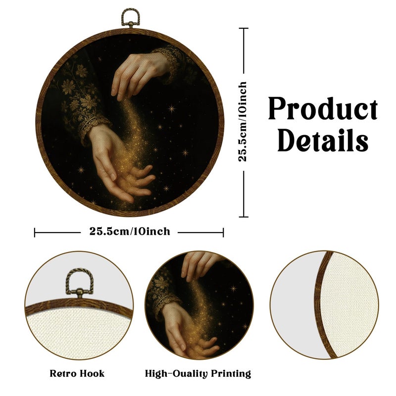 KLYTINK We Are All Stardust Home Decor,Romantic Academia Round Wall Art,Goddess Hands Canvas Print with Star Dust, Gothic Dark Vintage Hanging Decor for Bedroom or Study 10''x10''(Golden sand) - Image 2