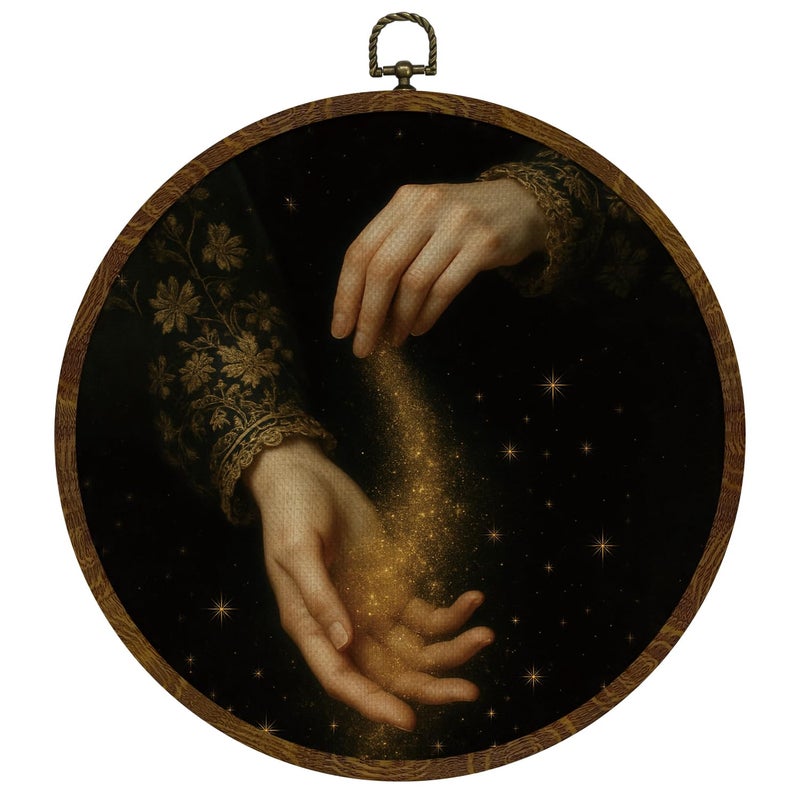 KLYTINK We Are All Stardust Home Decor,Romantic Academia Round Wall Art,Goddess Hands Canvas Print with Star Dust, Gothic Dark Vintage Hanging Decor for Bedroom or Study 10''x10''(Golden sand) - Image 1