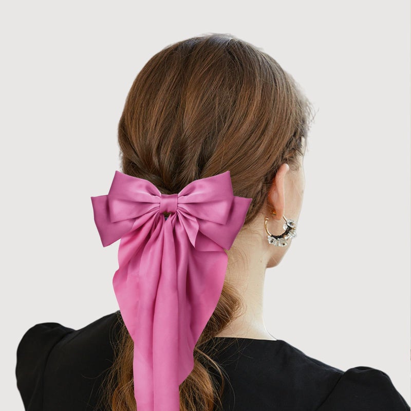 MIKONIKO Silky Satin Hair Bows for Women Girls - 4PCS Ribbon Bows for Hair, Big Bow Hair Clips with Long Tail, Barrettes - Cute Hair Accessories Gifts (Hot Pink, Light Pink, Royal Pink, Beige) - Image 2