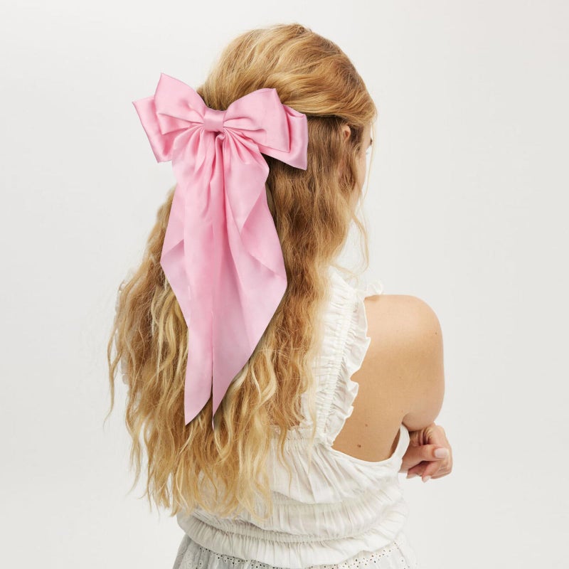 MIKONIKO Silky Satin Hair Bows for Women Girls - 4PCS Ribbon Bows for Hair, Big Bow Hair Clips with Long Tail, Barrettes - Cute Hair Accessories Gifts (Hot Pink, Light Pink, Royal Pink, Beige) - Image 3