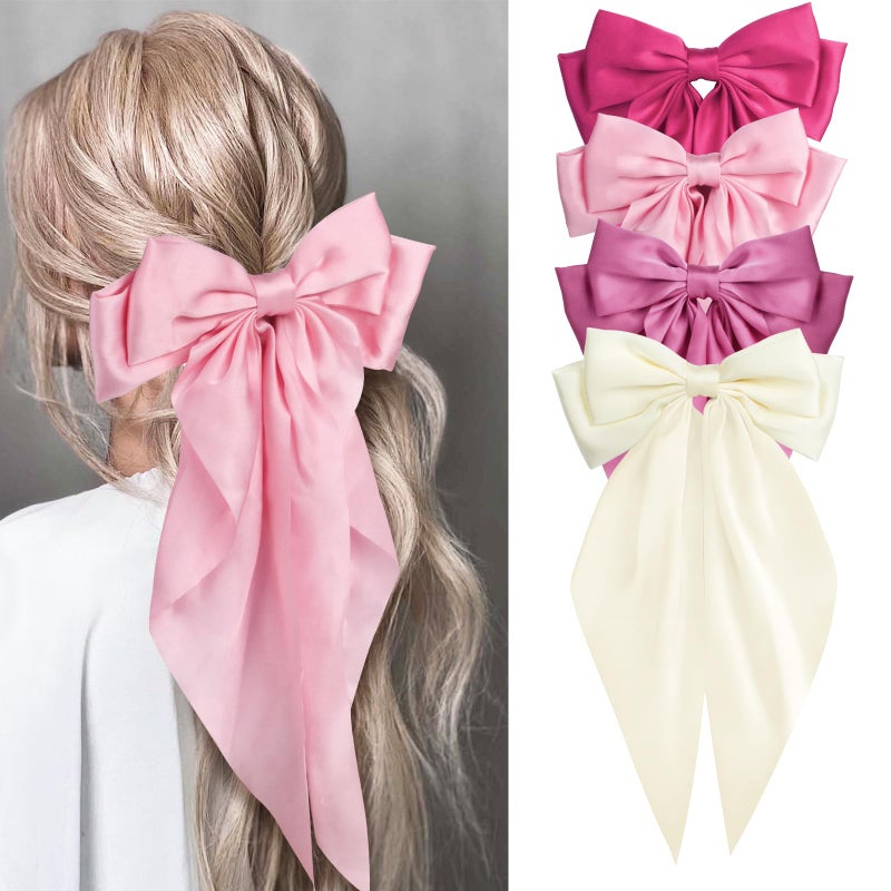 MIKONIKO Silky Satin Hair Bows for Women Girls - 4PCS Ribbon Bows for Hair, Big Bow Hair Clips with Long Tail, Barrettes - Cute Hair Accessories Gifts (Hot Pink, Light Pink, Royal Pink, Beige) - Image 1