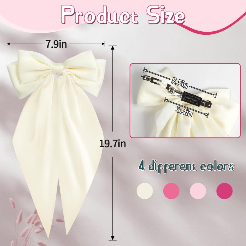 MIKONIKO Silky Satin Hair Bows for Women Girls - 4PCS Ribbon Bows for Hair, Big Bow Hair Clips with Long Tail, Barrettes - Cute Hair Accessories Gifts (Hot Pink, Light Pink, Royal Pink, Beige) - Image 4