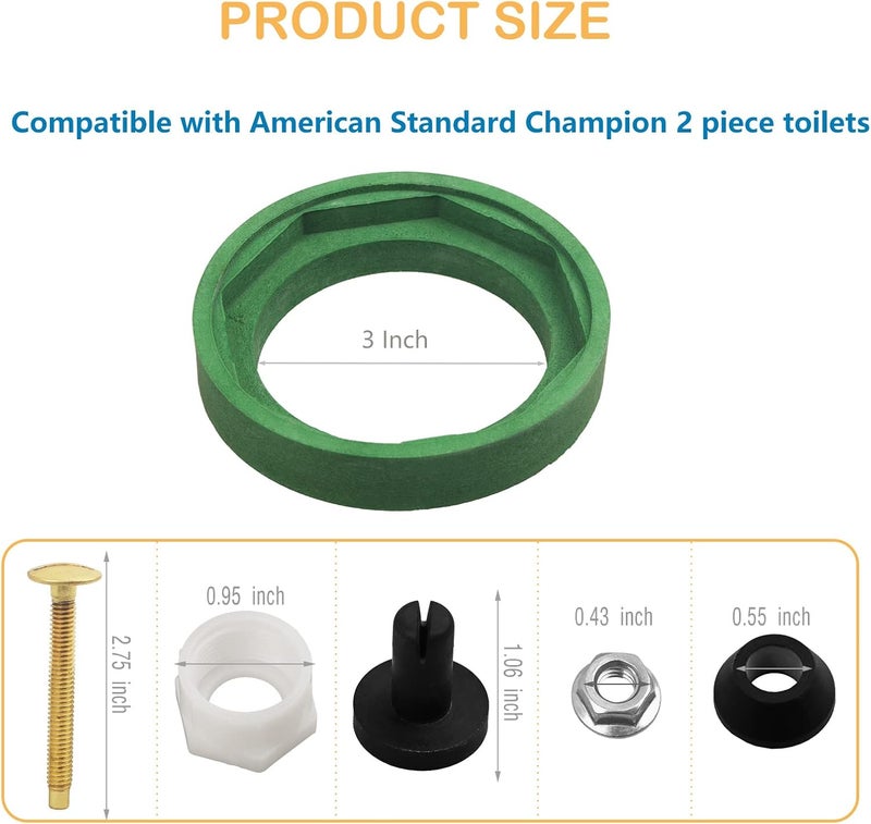 TJWODO طقم توصيل خزان المرحاض إلى الوعاء 3 بوصة، يناسب قطع المرحاض American Standard Champion 4 AS738756-0070A، يشمل حشوة، مسامير وأجزاء أساسية أخرى لمعظم خزانات الصرف ذات فتحة 3 بوصة - Image 2