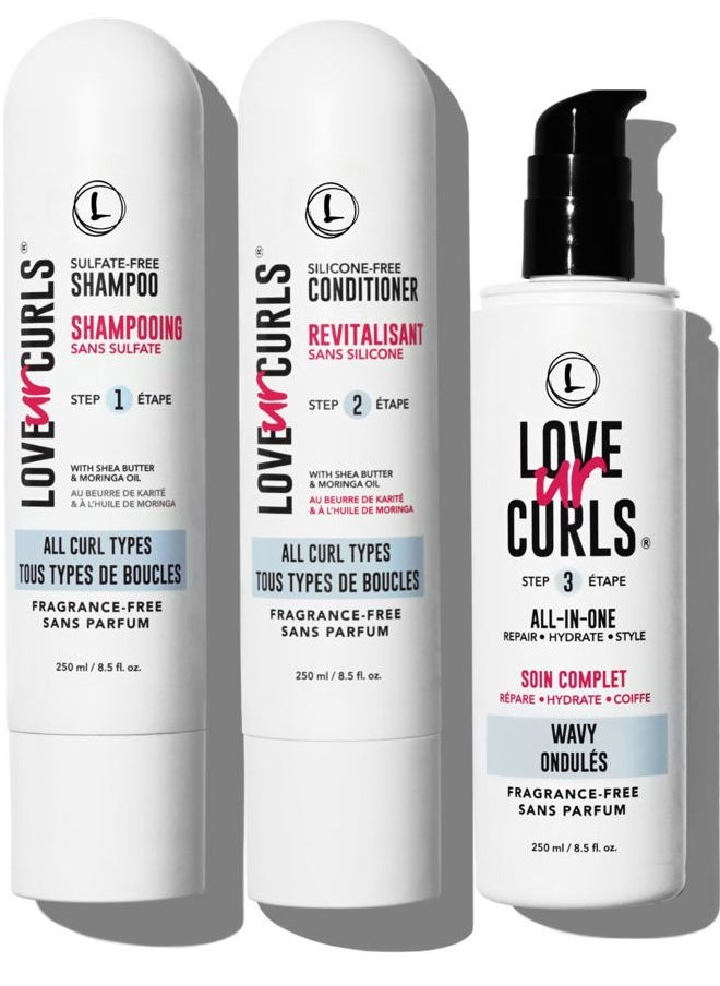 Love Ur Curls - Fragrance Free Curly Shampoo and Conditioner Set with All in One Curl Cream Styler for Wavy Hair, 3 Step System to Repair, 200 mL - Image 1