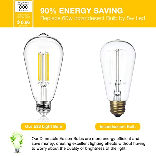DAYBETTER 4 عبوة من لمبات إيديسون LED العتيقة، لمبة LED E26 تعادل 60 واط، لمبات LED قابلة للتعتيم، سطوع عالي 800 لومن ضوء أبيض دافئ 2700 كيلفن، لمبات LED خيوط ST58 العتيقة، تصميم زجاجي شفاف للمنزل - Image 5