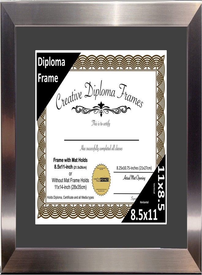 Creative Picture Frames 11” x 14” Stainless Steel Finish Diploma Frame with Black Mat to Hold 8.5 by 11-inch Graduation Documents w/Stand and Wall Hanger - Image 1