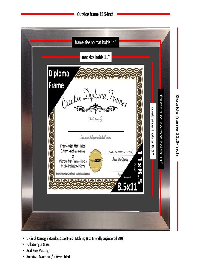 Creative Picture Frames 11” x 14” Stainless Steel Finish Diploma Frame with Black Mat to Hold 8.5 by 11-inch Graduation Documents w/Stand and Wall Hanger - Image 2