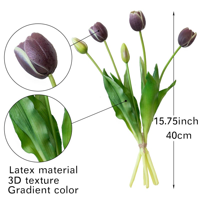 DUYONE 15pcs Artificial Tulips Flowers, Latex Bouquet, Fake Tulips for Office Wedding Party Home Kitchen Garden Decoration-B Dark Plum - Image 2