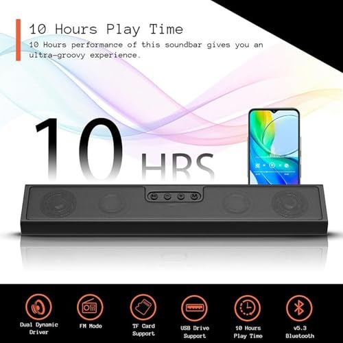 PremiumAV CM-21 SoundMate Bluetooth v5.3 Soundbar 10W Stereo with RGB Light Strip, 2600mAh Battery 10H Playback, TF Card USB FM AUX Support, 2.0 Channel Wireless Audio for TV PC Laptop Mobile - Image 2