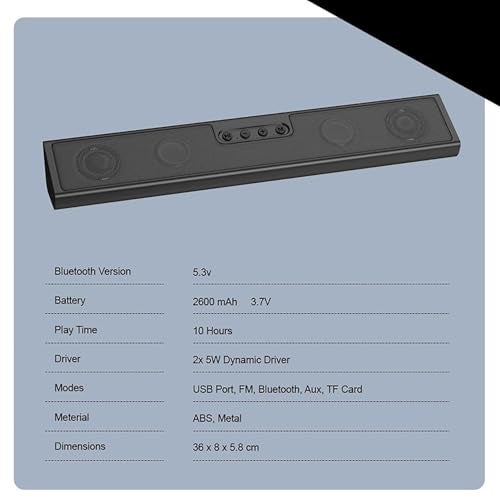 PremiumAV CM-21 SoundMate Bluetooth v5.3 Soundbar 10W Stereo with RGB Light Strip, 2600mAh Battery 10H Playback, TF Card USB FM AUX Support, 2.0 Channel Wireless Audio for TV PC Laptop Mobile - Image 5