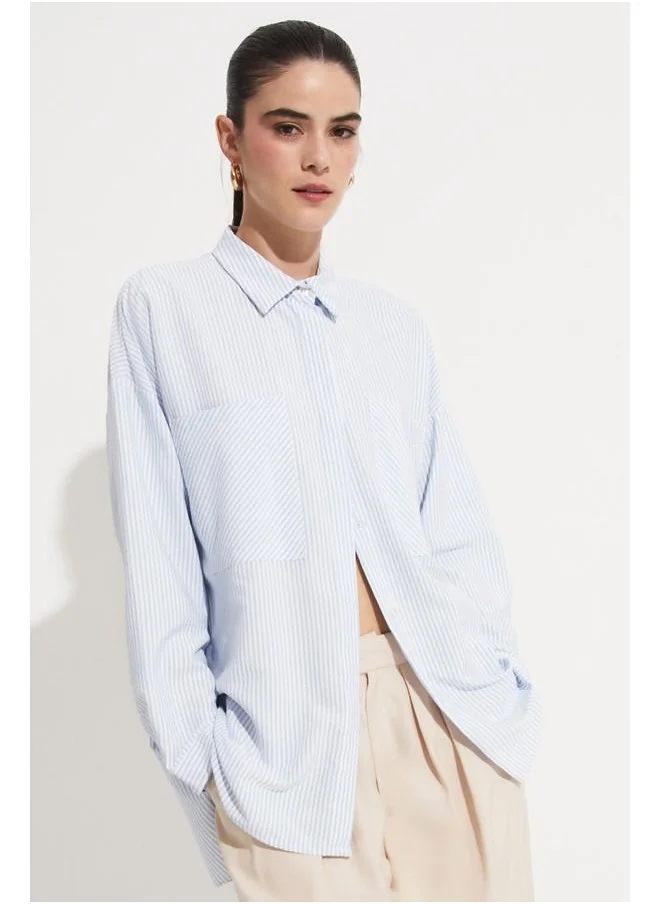جون June Women Striped Woven Shirt with Pocket Detail Blue