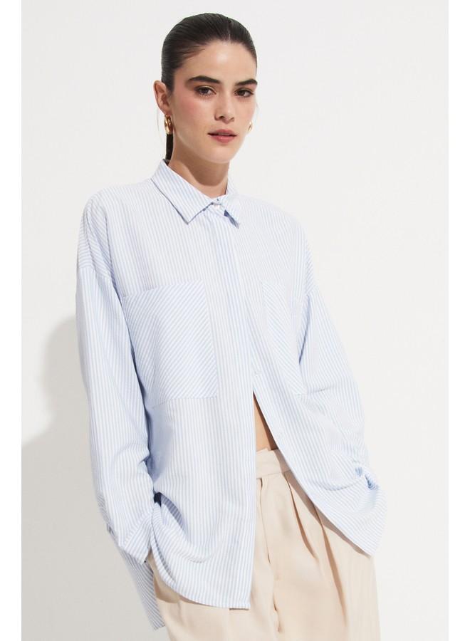 جون قميص نسائي مخطط منسوج بتفاصيل جيب أزرق - Image 1
