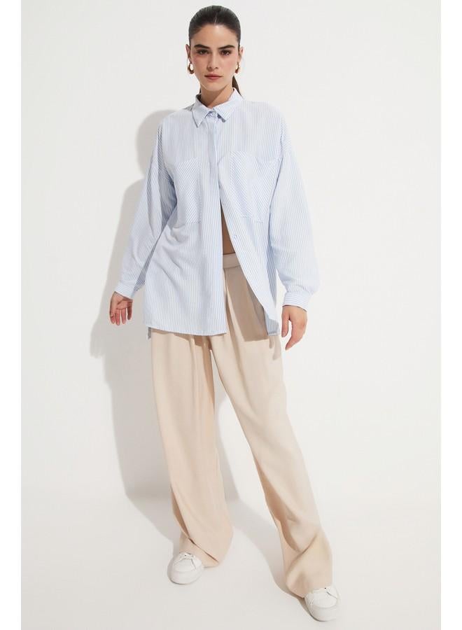 جون قميص نسائي مخطط منسوج بتفاصيل جيب أزرق - Image 2